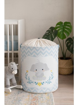 HomyJRs Mavi Fil Baskılı Fileli Saklama Sepeti 37×40 cm Katlanabilir Kumaş Özellikli