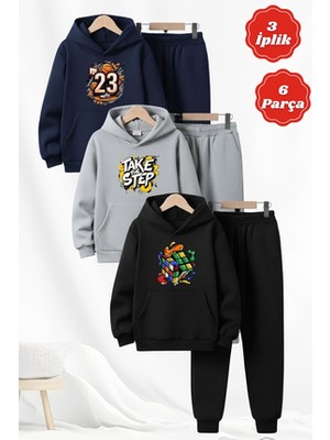 Fyk Kids 3 Iplik Şardonlu Kışlık Baskı Detaylı Kanguru Cepli Kapüşonlu 6 Parça Erkek Çocuk Eşofman Takımı