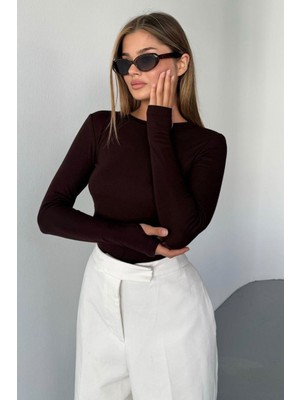 Kadın Bisiklet Yaka Parmak Geçirmeli %95 Pamuklu Uzun Kollu Body Bluz