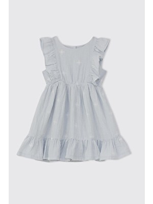 Panço Kız Bebek Nakışlı Müslin Mavi Elbise