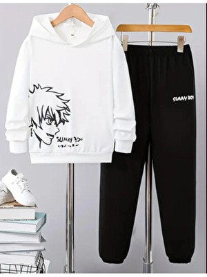 Sinser Teks Erkek Çocuk Beyaz Kapüşonlu Sunny Boy Baskılı Eşofman Takımı