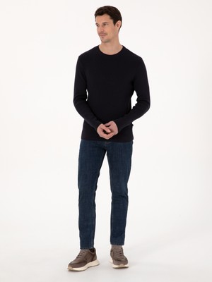 Cacharel Erkek Lacivert Slim Fit Pamuk Karışımlı Bisiklet Yaka Selanik Örgü Triko Kazak 50318976-VR033