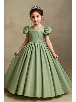 Miço Kids Boncuk Detaylı , Yuvarlak Yaka Düz Renkli Kız Çocuk  Prenses Abiye