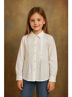 Elayza Kız Çocukları Için Önü Dantel Detaylı Inci Bezeli Beyaz Gömlek / 23 Nisan Okul Gömleği