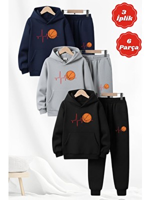 Fyk Kids 3 Iplik Kışlık Kalın Basketbol Baskılı Kanguru Cepli Kapüşonlu 6 Parça Erkek Çocuk Eşofman Takımı