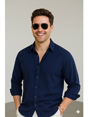 Bürke Yazlık Uzun Kollu Erkek Gömlek Klasik Stil Lacivert Dokulu Regular Kesim