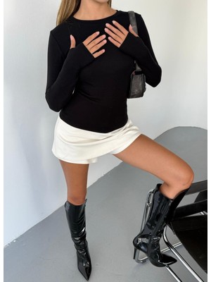 Kadın Bisiklet Yaka Parmak Geçirmeli %95 Pamuklu Uzun Kollu Body Bluz