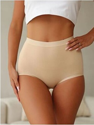 Berrak Yüksek Bel Toparlayıcı Külot Bej Dokuma Kumaş 6'lı Paket Düz Desenli Kadın İç Giyim