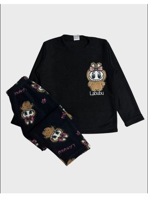 Aliş Kids Erkek Çocuk Polar Kumaş Siyah Labubu Desenli Uzun Kollu Kışlık Pijama Takımı