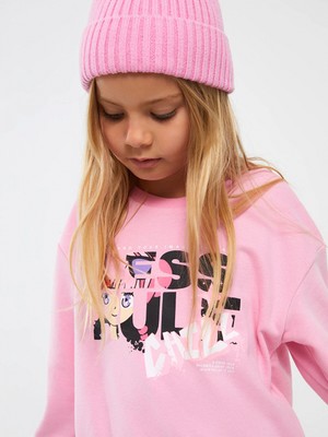 LC Waikiki Lcw Kids Pembe Bisiklet Yaka Baskılı Uzun Kollu Kız Çocuk Sweatshirt