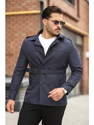 Mero Life Erkek Lacivert Mevsimlik Astarlı Kemerli Kruvaze Trençkot