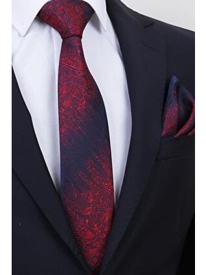Esgue Hand Made 8 cm Kırmızı Lacivert Desenli Mendilli Kravat