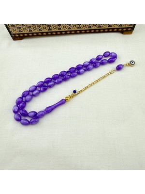 Mor Simli Sıkma Kehribar Altın Yaldız Püskül Dizaynlı Koleksiyonluk Tespih