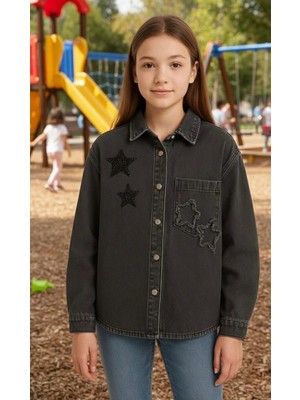 Yıldız Taşlı Kabartmalı Kızçocuk Gri Kot Gömlek
