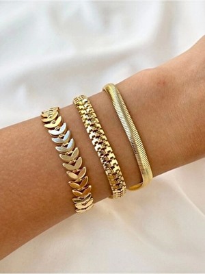 Kadın Gold Renk 3 Lü Tasarım Kombin Bileklik