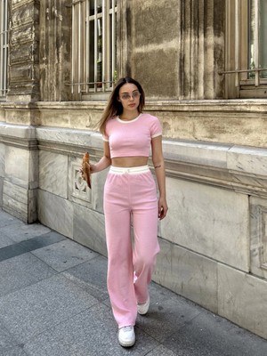 MGN Crop Pantolon Biyeli Takım Pembe