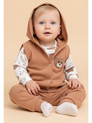 Tuabella %100 Pamuk 3'lü Erkek Bebek Takımı (Çıtçıtlı Badi + Yelek + Alt)