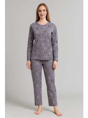 Pemilo Kadın 0299 Uzun Kol Desenli Süet Pijama Takımı Gri