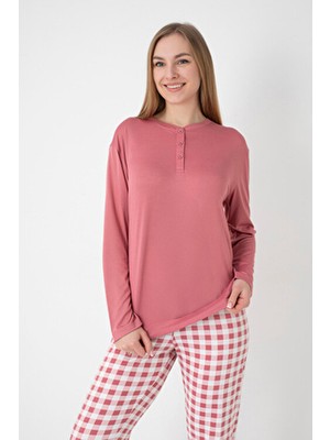 Dofi Kadın 1772 Patlı Pijama Takımı Uzun Kollu, Ekose Alt - Gül Kurusu