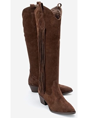 Luvi Shoes Rios Kahverengi Hakiki Deri Süet Püsküllü Kadın Kalın Topuklu Çizme