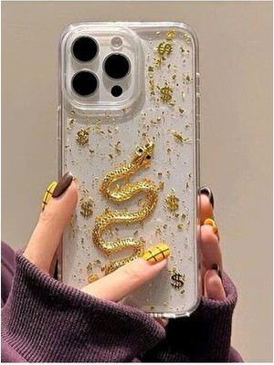 Aktech iphone 14 Pro Max Uyumlu 3D Yılan Figürlü Kabartmalı Şeffaf Darbe Emici Telefon Kılıfı