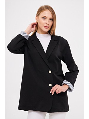 Armonika Kadın Siyah Kruvaze Yaka Kolu Katlama Detaylı Oversize Vatkalı Blazer Ceket ARM-25K001015