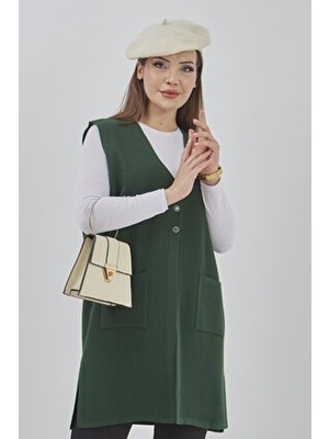 Kadın Uzun Mevsimlik Triko Likralı Esnek Cepli Düğmeli Yelek