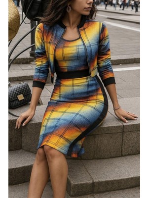 Mossta Askılı Yuvarlak Yaka Desenli Dalgıç Bluz Ceket ve Etek 3'lü Takım - Desenli