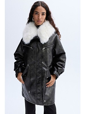Mudo Suni Kürk Yaka Deri Görünümlü Uzun Palto