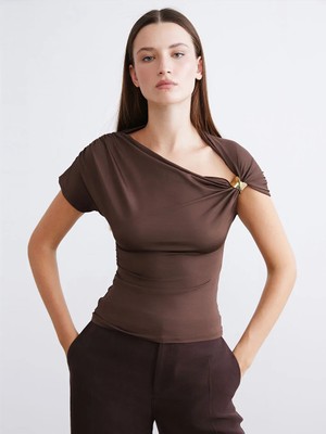 LC Waikiki Lcw Vision Kahverengi Tek Omuz Büzgülü Bluz