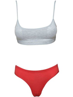 Pedli Ip Askılı Yarım Atlet Büstiyer Külot Takım Gri Kırmızı