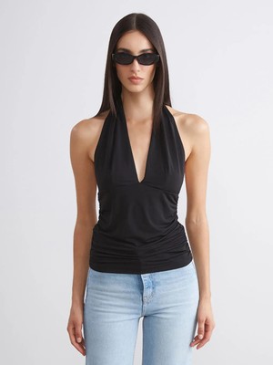 LC Waikiki Soulife Siyah Halter Yaka Büzgülü Bluz