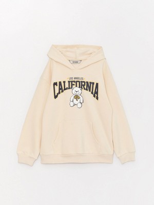LC Waikiki Lcw Kids Bej Baskılı Uzun Kollu Kız Çocuk Hoodie