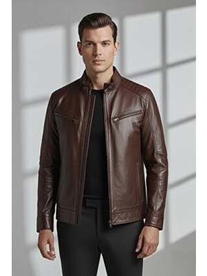 Deriderim Kahverengi Deri Mont Erkek Slim Fit Fermuarlı Astarlı Model