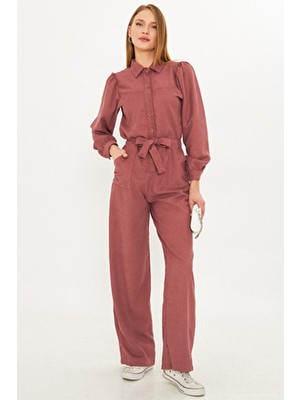 Armonika Kadın Gül Kurusu Önden Düğmeli Cepli Kuşaklı Kadife Tulum ARM-25K001084