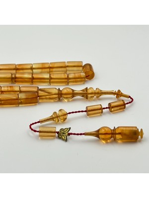 Emine Reşvani Usta Işçilikli Şeffaf Sarı Hareli Sıkma Kehribar Tespih