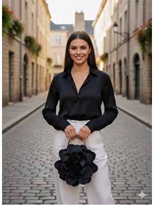 Gustello Siyah Kumaş Gül Çiçek Çanta Abiye Kadın Çantası Dokulu Saten Malzeme ile Şık Tasarım