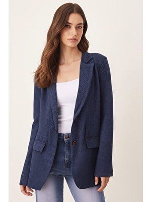 Armonika Kadın Koyu Mavi Erkek Yaka Cep Kapaklı Vatkalı Oversize Kaşe Ceket ARM-26K001044