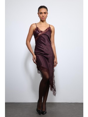 Antioch Bordo Asimetrik Dantel Elbise