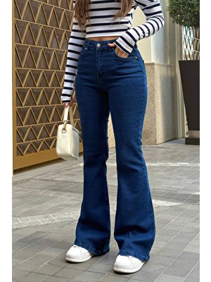Bikelife Kadın Yüksek Bel Likralı Ispanyol Paça Pantolon Lacivert Denim 5 Cep ile Rahat Kullanım