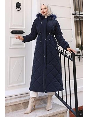 Fermuarlı Kapşonlu Kapitone Mont Lacivert Kadın Uzun Kol Klasik Model Astarlı Günlük Kullanım