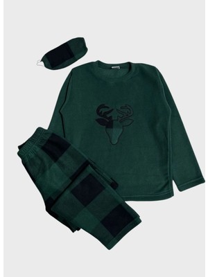 Aliş Kids Erkek Çocuk Pamuklu Polar Kumaş Yeşil Yılbaşı Geyik Desenli Uyku Bantlı Kışlık Pijama Takımı