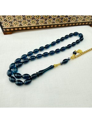 Safir Mavisi Sıkma Kehribar Altın Yaldız Püskül Dizaynlı Koleksiyonluk Tespih