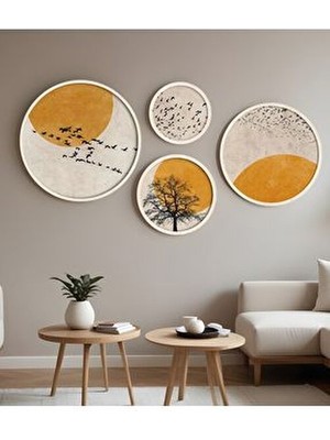 Huhuli Ahşap Çerçeveli Modern 4'lü Yuvarlak Tablo Seti HUHU412