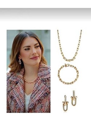 Kadın Gold T Kolye, Küpe, Bileklik Takım Seti