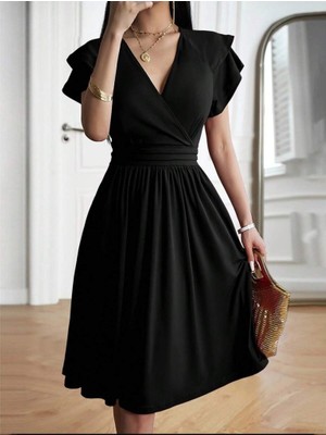 Martcini Kadın Kısa Fırfır Kollu Kruvaze Yakalı Kiloş Janjan Krep Elbise