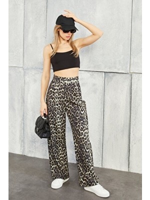 BILDEŞA Kadın Palazzo Pantolon Yüksek Leopar Bel Cırtlı Gri Polyester Trend Model
