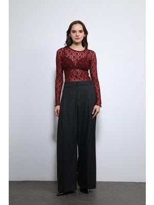 Antioch Bordo Dantel Detaylı Transparan Bluz