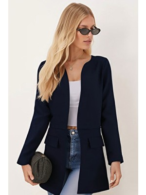 Armonika Kadın Lacivert Beli Dikişli Uzun Ceket ARM-26K001017