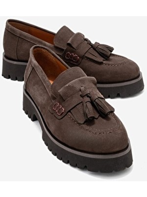 Poen Kahverengi Nubuk Hakiki Deri Püsküllü Kadın Loafer Ayakkabı